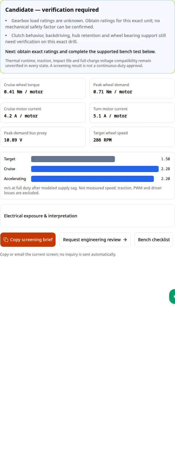 12V robot drill motor calculator default run showing provisional status, wheel torque, current and loaded speed